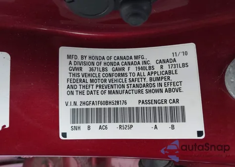 2011 Honda Civic Lx-S from USA, damaged, VIN 2HGFA1F60BH528176